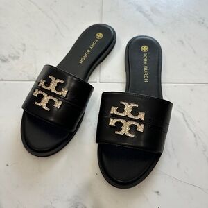Tory Burch Black Sandals with Gold Logo